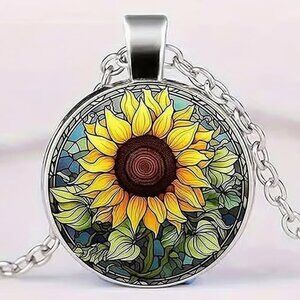 Silver SUNFLOWER Glass Cabochon Pendant Necklace